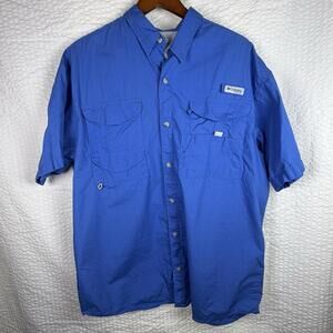 Columbia PFG Short Sleeve Caped Fishing Shirt Royal Blue Large Outdoors Roomy